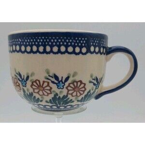 Polish Pottery Latte Mugs Blue Daisy Chain Pattern 4.5" Diameter Soup